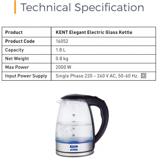 Kent 16052 Electric Kettle 1.8 Litre Glass Kettle