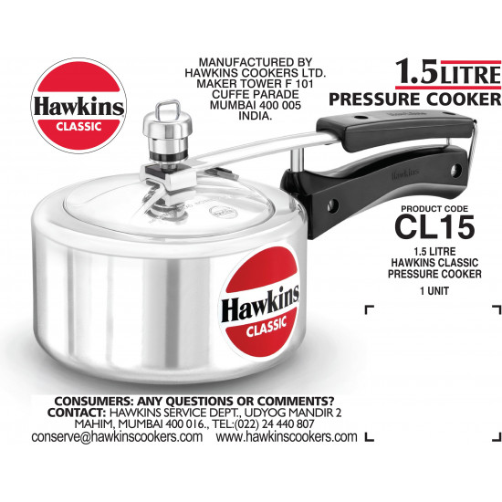 Hawkins Classic 1.5 L Pressure Cooker (Aluminium) CL15