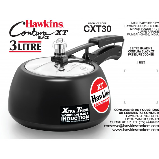 Hawkins Contura Black XT 3 L Induction Bottom Pressure Cooker (Hard Anodized) CXT30